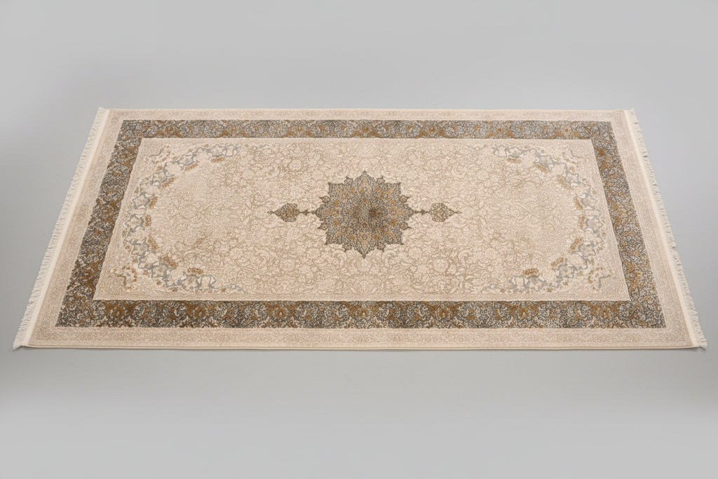Decorative rug with intricate patterns on a wooden floor