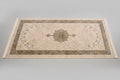 Decorative rug with intricate patterns on a wooden floor