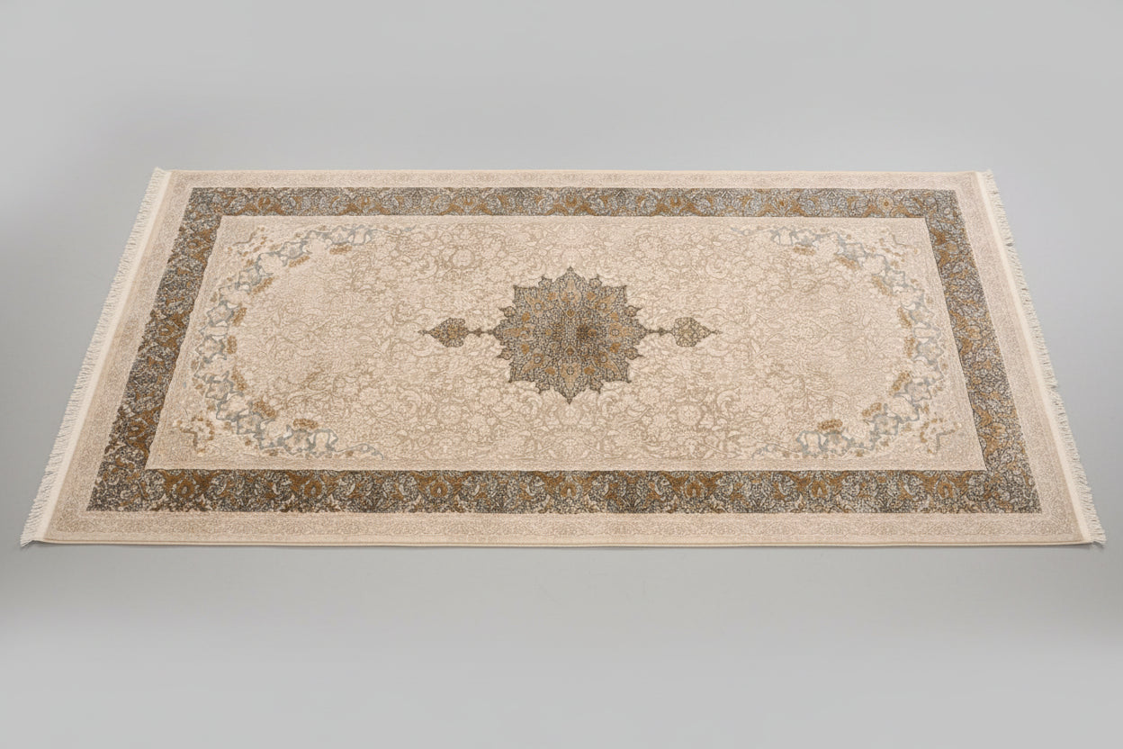 Decorative rug with intricate patterns on a wooden floor