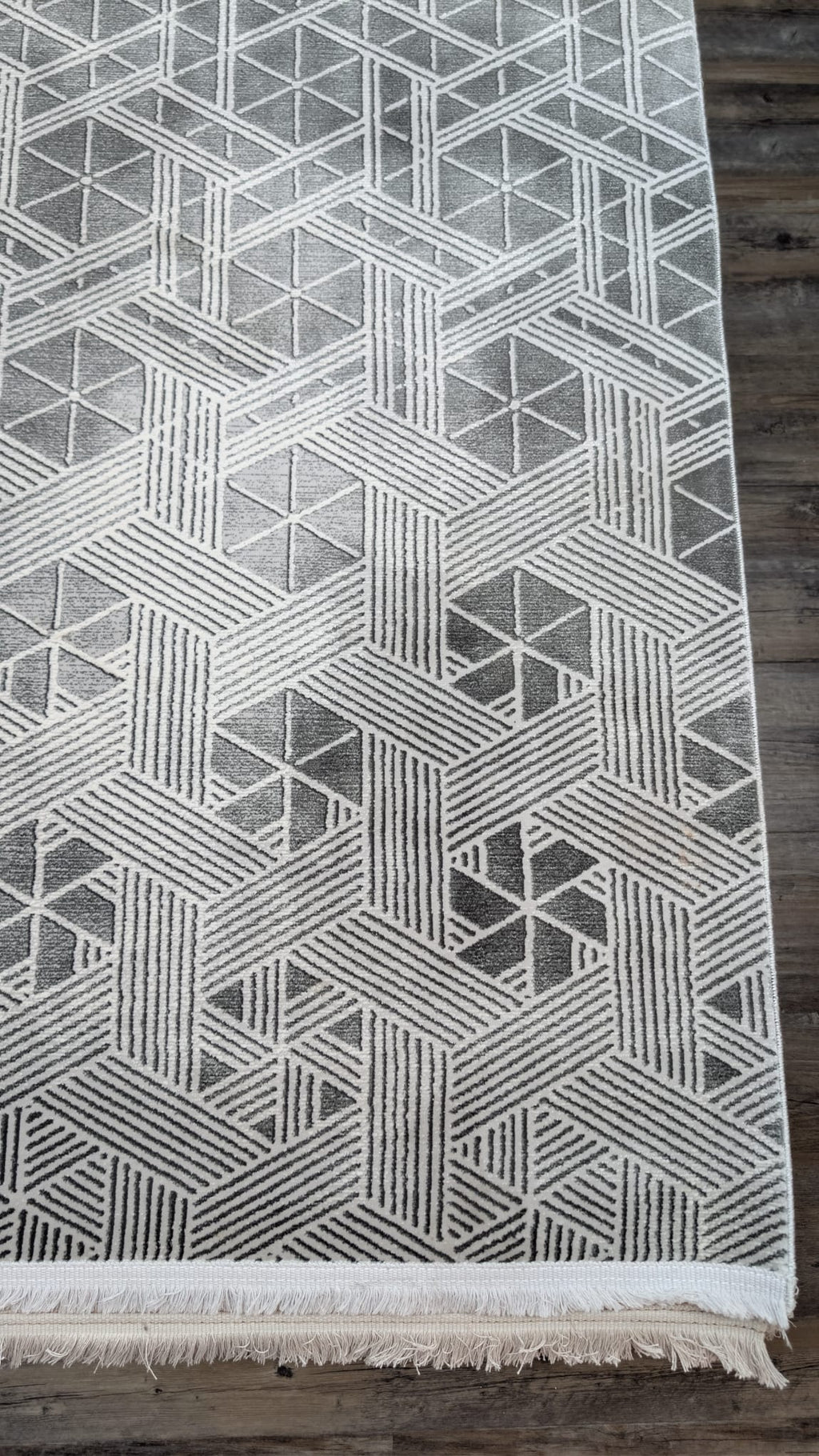 A close-up of a geometric area rug with a white and gray interlocking cube pattern and fringe along the bottom edge, laid out on a dark wood floor.