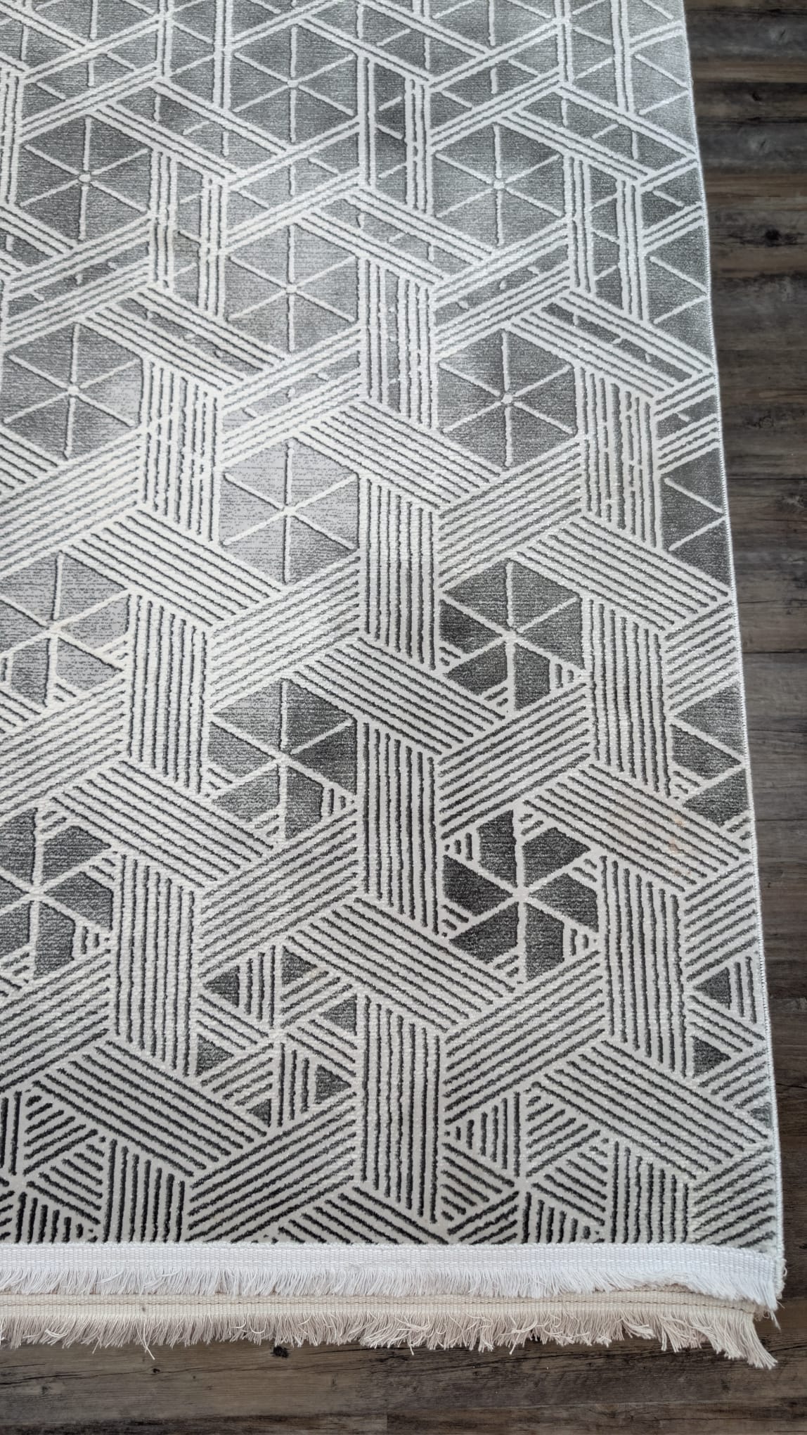 A close-up of a geometric area rug with a white and gray interlocking cube pattern and fringe along the bottom edge, laid out on a dark wood floor.